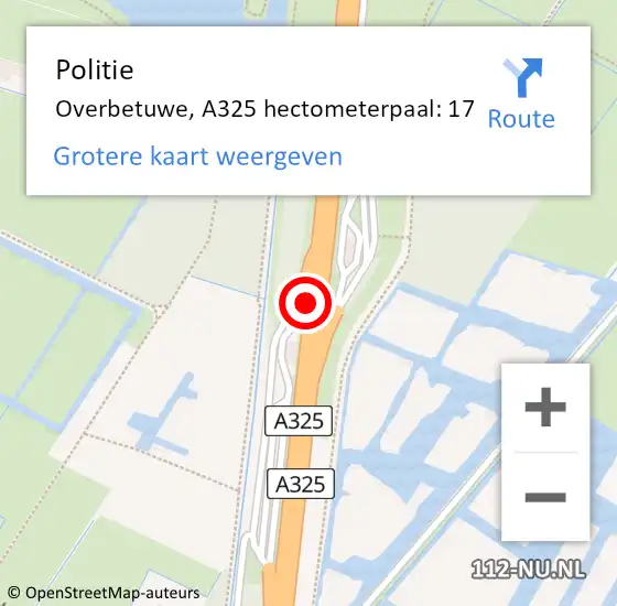 Locatie op kaart van de 112 melding: Politie Overbetuwe, A325 hectometerpaal: 17 op 13 januari 2024 20:52