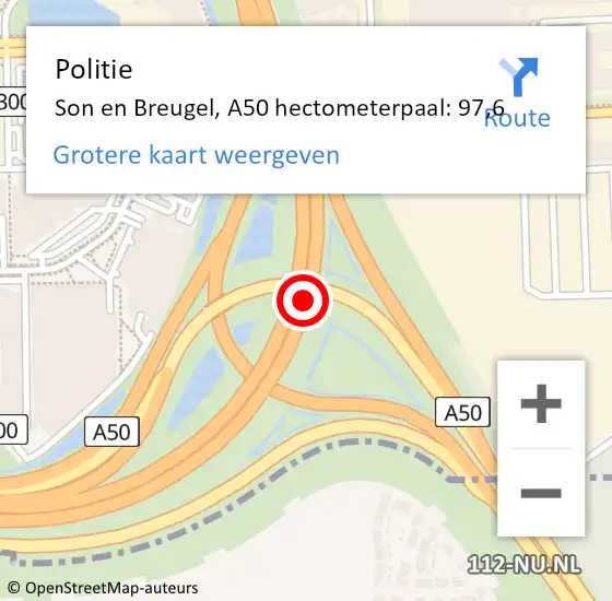 Locatie op kaart van de 112 melding: Politie Son en Breugel, A50 hectometerpaal: 97,6 op 13 januari 2024 21:47
