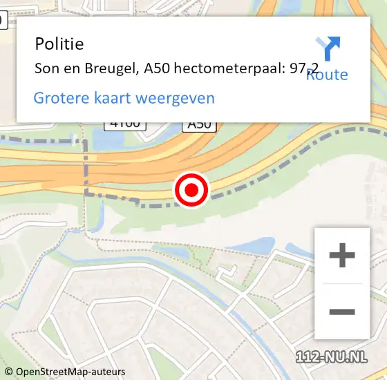 Locatie op kaart van de 112 melding: Politie Son en Breugel, A50 hectometerpaal: 97,2 op 13 januari 2024 21:53