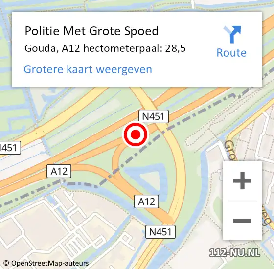 Locatie op kaart van de 112 melding: Politie Met Grote Spoed Naar Gouda, A12 hectometerpaal: 28,5 op 14 januari 2024 00:44