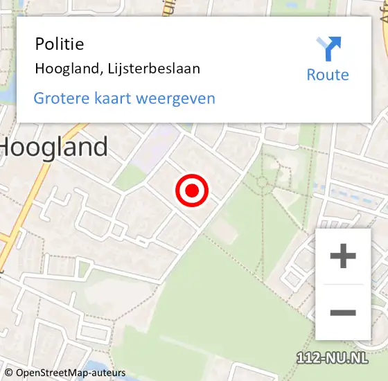 Locatie op kaart van de 112 melding: Politie Hoogland, Lijsterbeslaan op 14 januari 2024 01:30