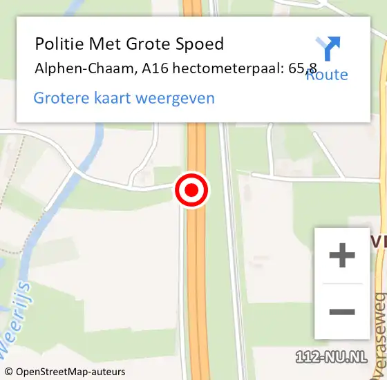 Locatie op kaart van de 112 melding: Politie Met Grote Spoed Naar Alphen-Chaam, A16 hectometerpaal: 65,8 op 14 januari 2024 01:38