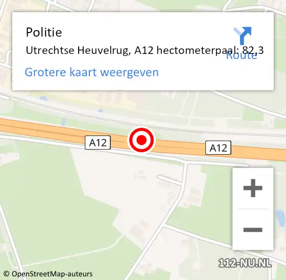 Locatie op kaart van de 112 melding: Politie Utrechtse Heuvelrug, A12 hectometerpaal: 82,3 op 14 januari 2024 02:56