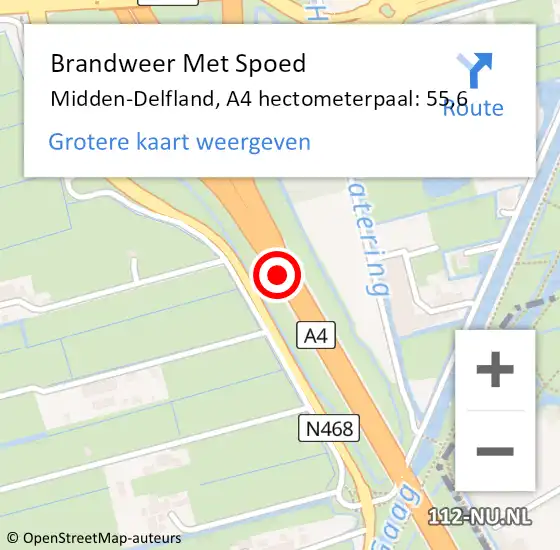 Locatie op kaart van de 112 melding: Brandweer Met Spoed Naar Midden-Delfland, A4 hectometerpaal: 55,6 op 14 januari 2024 04:04