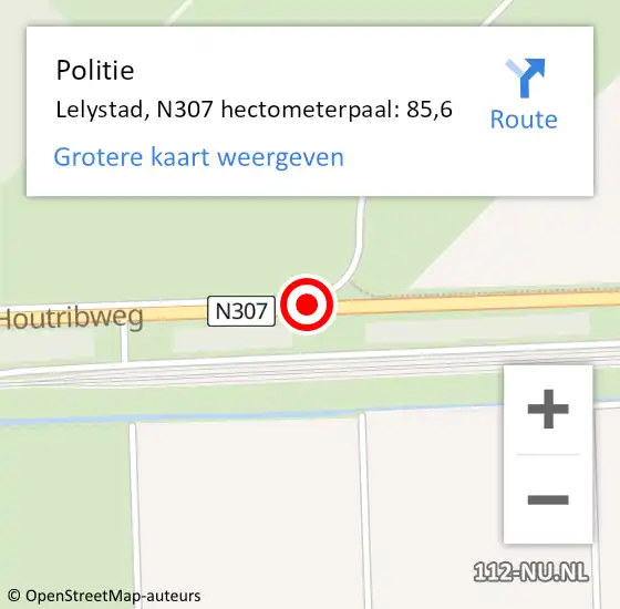 Locatie op kaart van de 112 melding: Politie Lelystad, N307 hectometerpaal: 85,6 op 14 januari 2024 09:09