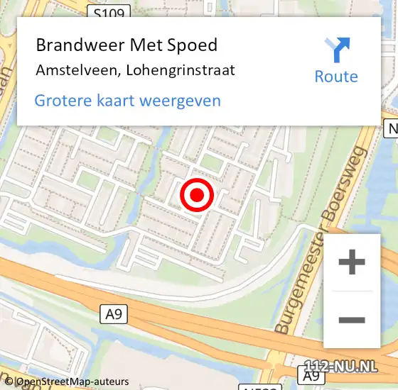 Locatie op kaart van de 112 melding: Brandweer Met Spoed Naar Amstelveen, Lohengrinstraat op 14 januari 2024 12:11