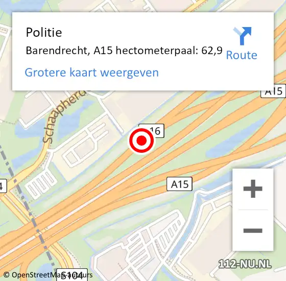 Locatie op kaart van de 112 melding: Politie Barendrecht, A15 hectometerpaal: 62,9 op 14 januari 2024 15:12