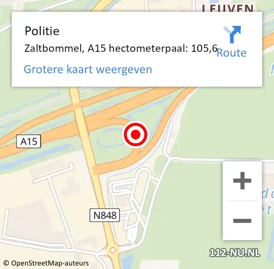 Locatie op kaart van de 112 melding: Politie Zaltbommel, A15 hectometerpaal: 105,6 op 14 januari 2024 15:16