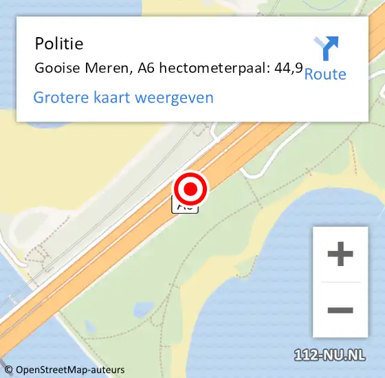 Locatie op kaart van de 112 melding: Politie Gooise Meren, A6 hectometerpaal: 44,9 op 14 januari 2024 15:26