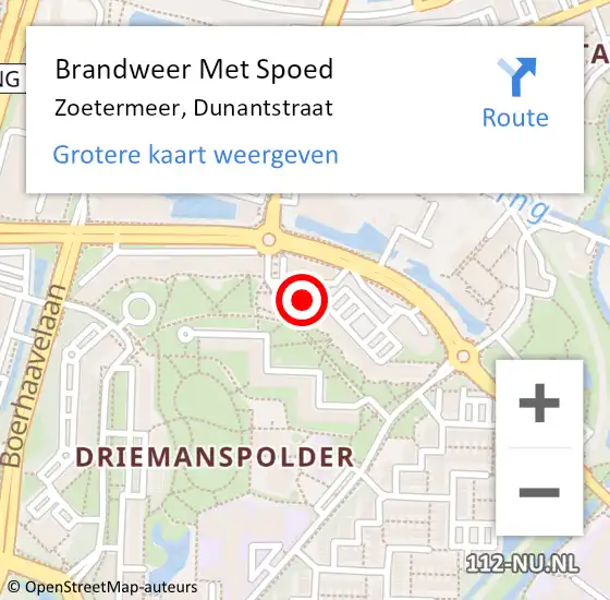 Locatie op kaart van de 112 melding: Brandweer Met Spoed Naar Zoetermeer, Dunantstraat op 14 januari 2024 15:29