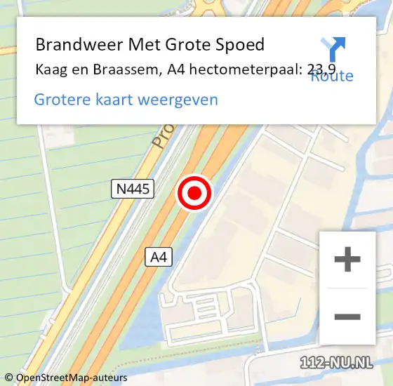 Locatie op kaart van de 112 melding: Brandweer Met Grote Spoed Naar Kaag en Braassem, A4 hectometerpaal: 23,9 op 14 januari 2024 16:05