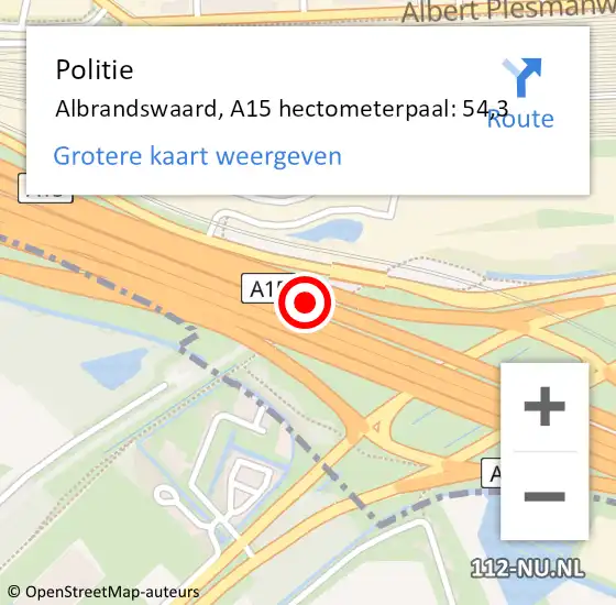 Locatie op kaart van de 112 melding: Politie Albrandswaard, A15 hectometerpaal: 54,3 op 14 januari 2024 19:23