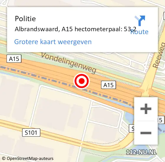 Locatie op kaart van de 112 melding: Politie Albrandswaard, A15 hectometerpaal: 53,2 op 14 januari 2024 19:29