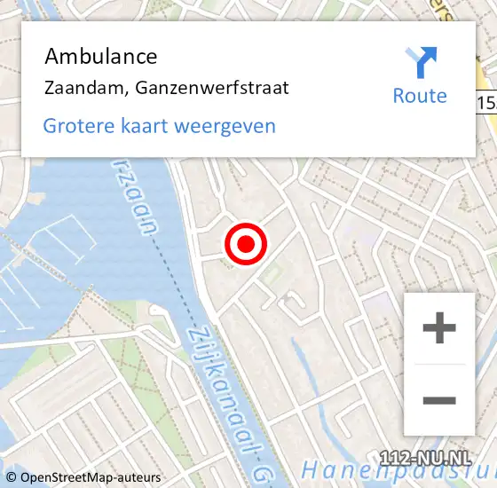 Locatie op kaart van de 112 melding: Ambulance Zaandam, Ganzenwerfstraat op 14 januari 2024 19:57