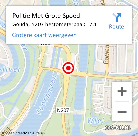 Locatie op kaart van de 112 melding: Politie Met Grote Spoed Naar Gouda, N207 hectometerpaal: 17,1 op 14 januari 2024 20:00