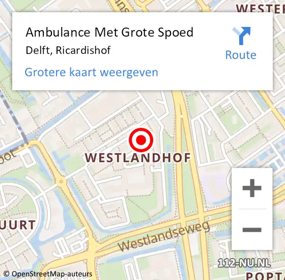 Locatie op kaart van de 112 melding: Ambulance Met Grote Spoed Naar Delft, Ricardishof op 14 januari 2024 21:28