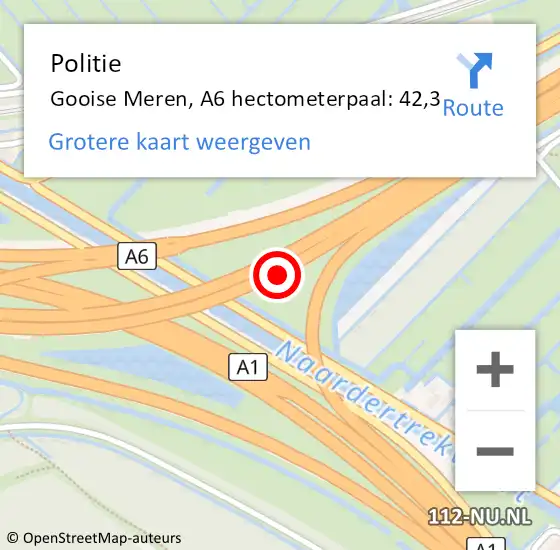 Locatie op kaart van de 112 melding: Politie Gooise Meren, A6 hectometerpaal: 42,3 op 15 januari 2024 03:08