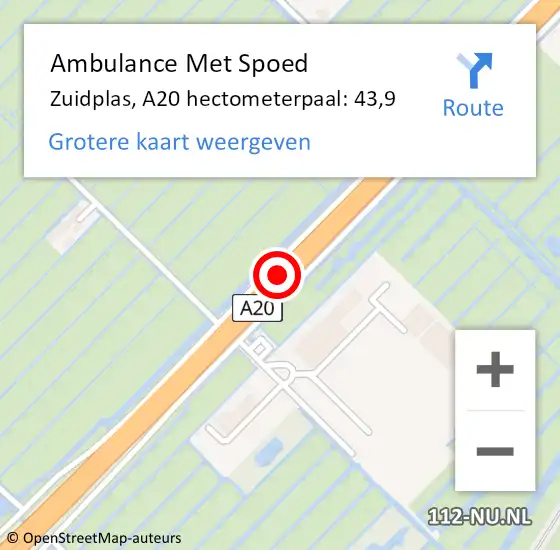 Locatie op kaart van de 112 melding: Ambulance Met Spoed Naar Zuidplas, A20 hectometerpaal: 43,9 op 15 januari 2024 06:48