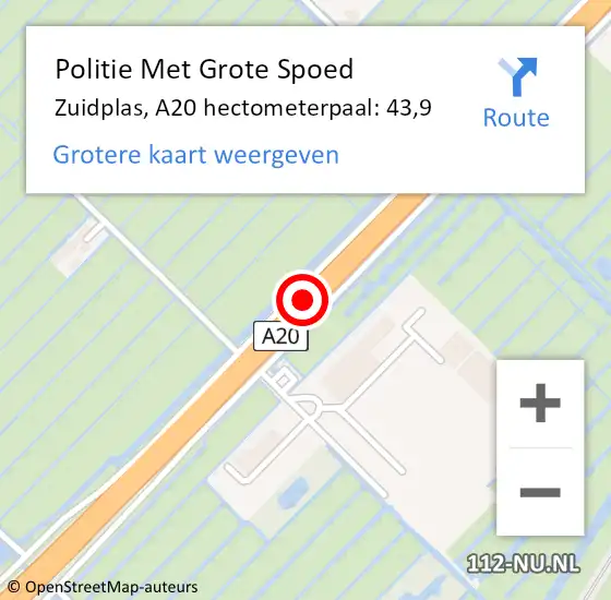 Locatie op kaart van de 112 melding: Politie Met Grote Spoed Naar Zuidplas, A20 hectometerpaal: 43,9 op 15 januari 2024 06:49