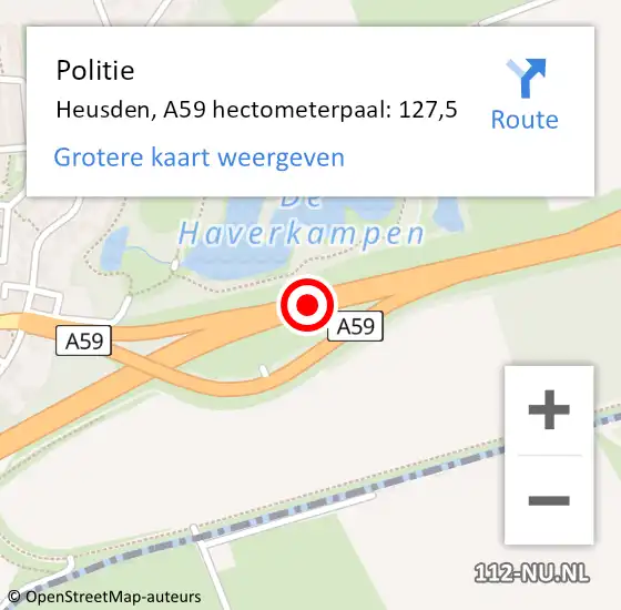 Locatie op kaart van de 112 melding: Politie Heusden, A59 hectometerpaal: 127,5 op 15 januari 2024 08:03
