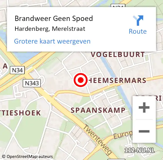 Locatie op kaart van de 112 melding: Brandweer Geen Spoed Naar Hardenberg, Merelstraat op 15 januari 2024 08:34