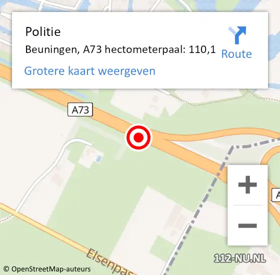 Locatie op kaart van de 112 melding: Politie Beuningen, A73 hectometerpaal: 110,1 op 15 januari 2024 08:47