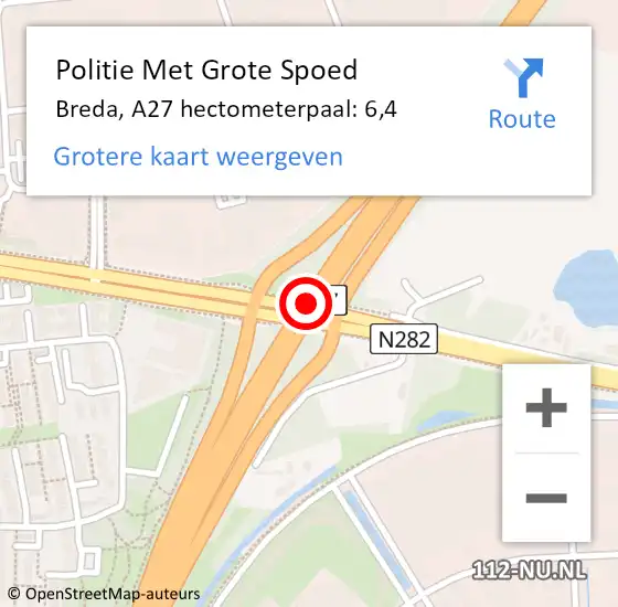 Locatie op kaart van de 112 melding: Politie Met Grote Spoed Naar Breda, A27 hectometerpaal: 6,4 op 15 januari 2024 09:42