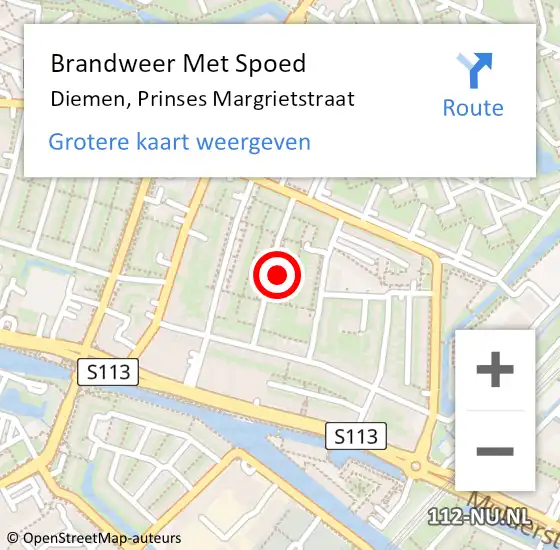 Locatie op kaart van de 112 melding: Brandweer Met Spoed Naar Diemen, Prinses Margrietstraat op 15 januari 2024 12:38