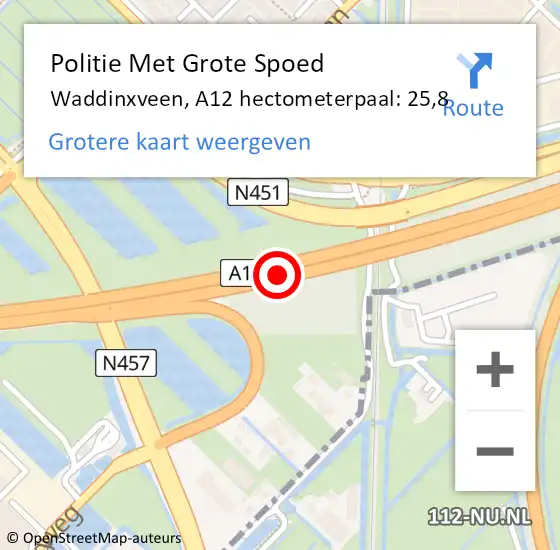 Locatie op kaart van de 112 melding: Politie Met Grote Spoed Naar Waddinxveen, A12 hectometerpaal: 25,8 op 15 januari 2024 13:28