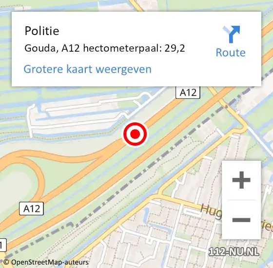 Locatie op kaart van de 112 melding: Politie Gouda, A12 hectometerpaal: 29,2 op 15 januari 2024 15:12