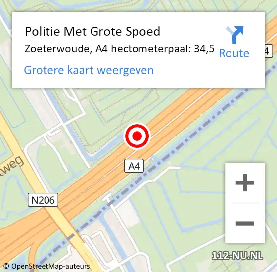 Locatie op kaart van de 112 melding: Politie Met Grote Spoed Naar Zoeterwoude, A4 hectometerpaal: 34,5 op 15 januari 2024 18:16