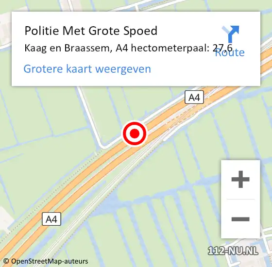 Locatie op kaart van de 112 melding: Politie Met Grote Spoed Naar Kaag en Braassem, A4 hectometerpaal: 27,6 op 15 januari 2024 19:22