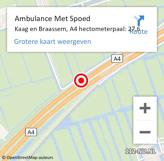 Locatie op kaart van de 112 melding: Ambulance Met Spoed Naar Kaag en Braassem, A4 hectometerpaal: 27,6 op 15 januari 2024 19:34