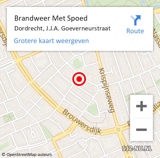 Locatie op kaart van de 112 melding: Brandweer Met Spoed Naar Dordrecht, J.J.A. Goeverneurstraat op 15 januari 2024 19:37