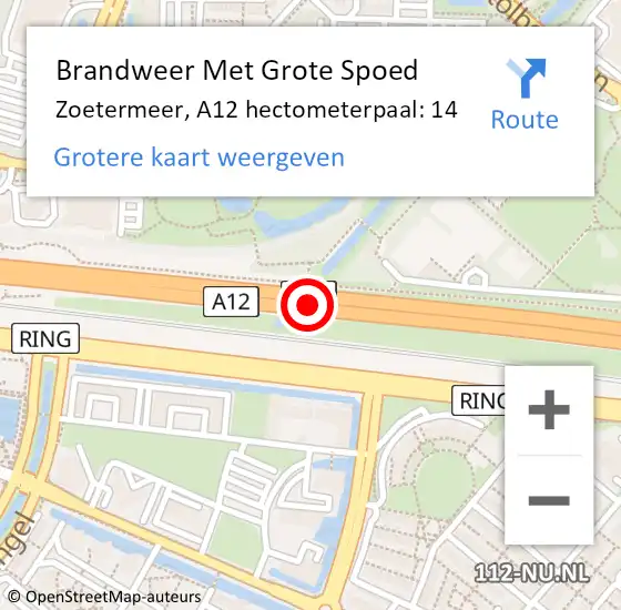 Locatie op kaart van de 112 melding: Brandweer Met Grote Spoed Naar Zoetermeer, A12 hectometerpaal: 14 op 15 januari 2024 20:01