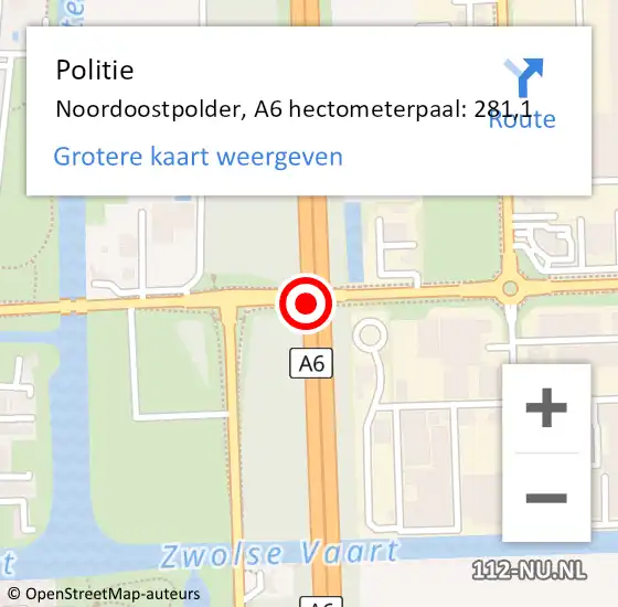 Locatie op kaart van de 112 melding: Politie Noordoostpolder, A6 hectometerpaal: 281,1 op 15 januari 2024 21:25