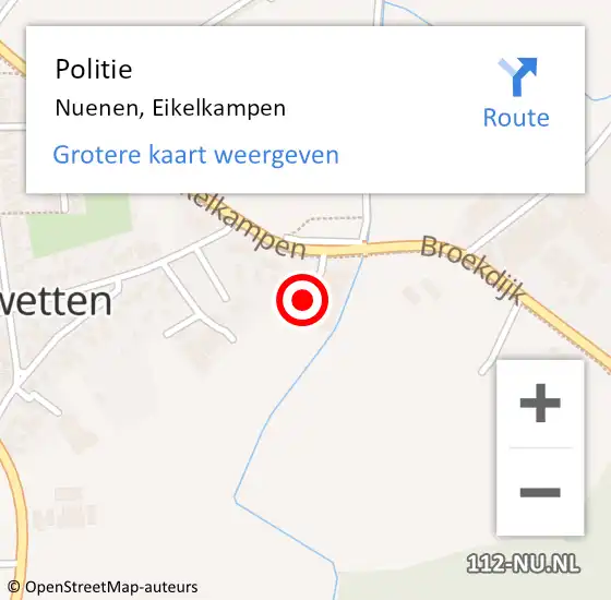 Locatie op kaart van de 112 melding: Politie Nuenen, Eikelkampen op 15 januari 2024 22:49