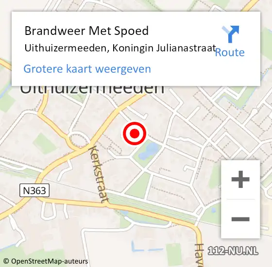 Locatie op kaart van de 112 melding: Brandweer Met Spoed Naar Uithuizermeeden, Koningin Julianastraat op 15 januari 2024 23:14