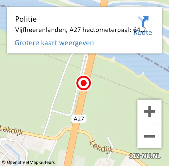 Locatie op kaart van de 112 melding: Politie Vijfheerenlanden, A27 hectometerpaal: 64,2 op 15 januari 2024 23:23