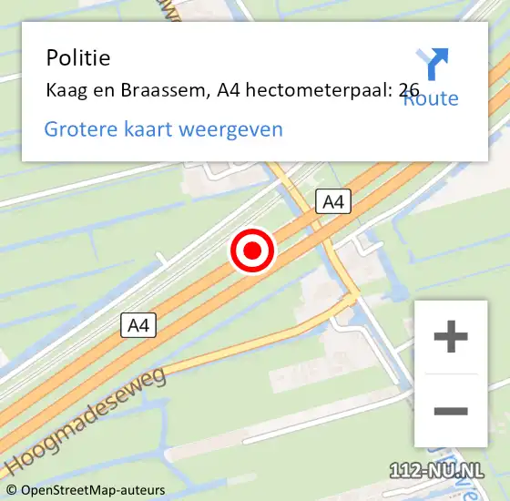 Locatie op kaart van de 112 melding: Politie Kaag en Braassem, A4 hectometerpaal: 26 op 16 januari 2024 00:20