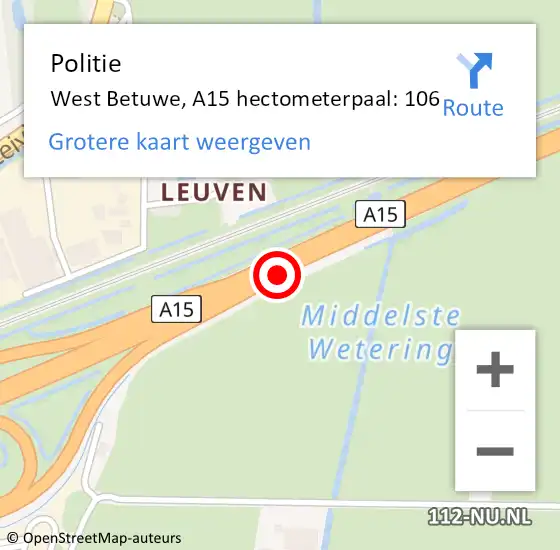 Locatie op kaart van de 112 melding: Politie West Betuwe, A15 hectometerpaal: 106 op 16 januari 2024 06:18