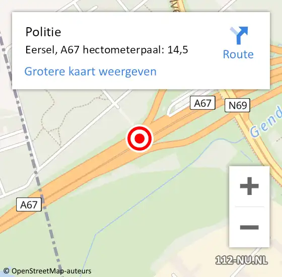 Locatie op kaart van de 112 melding: Politie Eersel, A67 hectometerpaal: 14,5 op 16 januari 2024 07:59