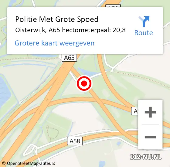 Locatie op kaart van de 112 melding: Politie Met Grote Spoed Naar Oisterwijk, A65 hectometerpaal: 20,8 op 16 januari 2024 08:30