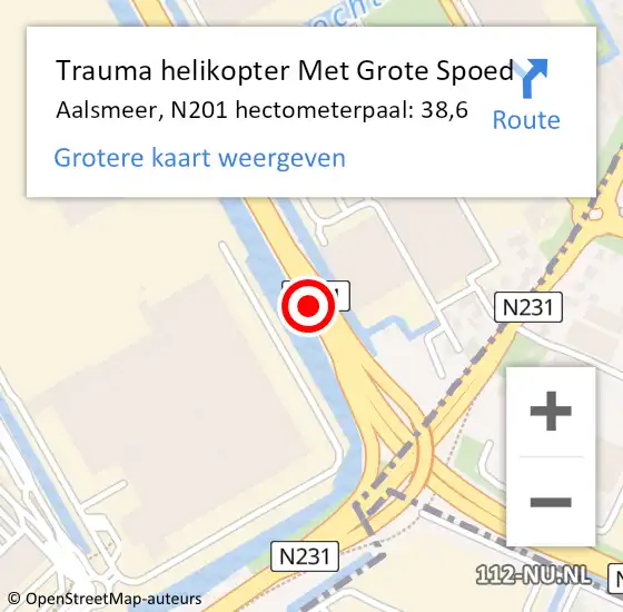 Locatie op kaart van de 112 melding: Trauma helikopter Met Grote Spoed Naar Aalsmeer, N201 hectometerpaal: 38,6 op 16 januari 2024 09:13
