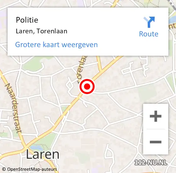 Locatie op kaart van de 112 melding: Politie Laren, Torenlaan op 16 januari 2024 09:53