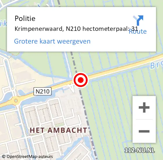 Locatie op kaart van de 112 melding: Politie Krimpenerwaard, N210 hectometerpaal: 31 op 16 januari 2024 10:51
