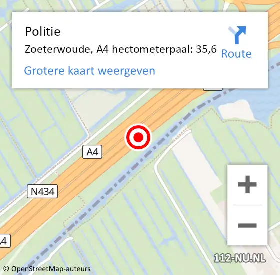 Locatie op kaart van de 112 melding: Politie Zoeterwoude, A4 hectometerpaal: 35,6 op 16 januari 2024 12:33