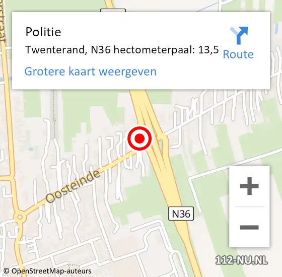 Locatie op kaart van de 112 melding: Politie Twenterand, N36 hectometerpaal: 13,5 op 16 januari 2024 15:04