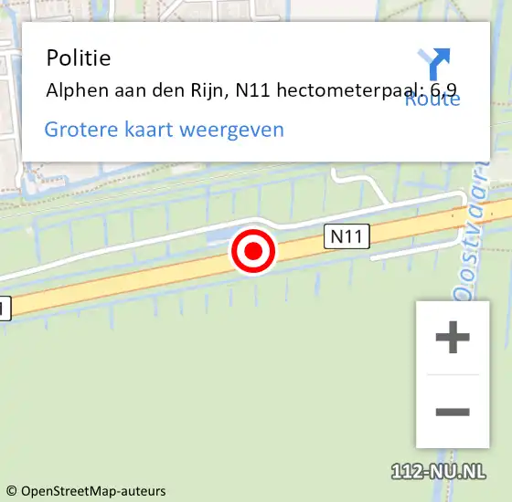 Locatie op kaart van de 112 melding: Politie Alphen aan den Rijn, N11 hectometerpaal: 6,9 op 16 januari 2024 15:53