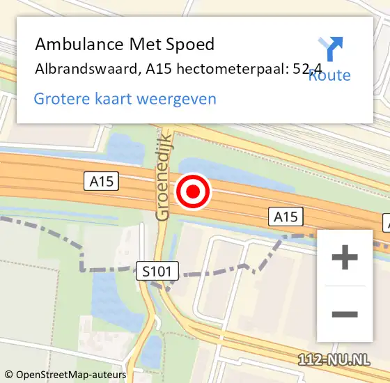 Locatie op kaart van de 112 melding: Ambulance Met Spoed Naar Albrandswaard, A15 hectometerpaal: 52,4 op 16 januari 2024 19:11